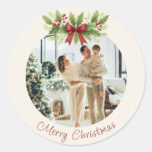 Sticker Rond Noël Élégant Holly & Ruban Rouge -  (Devant)