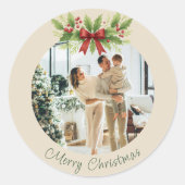 Sticker Rond Noël Élégant Holly & Ruban Rouge -  (Devant)