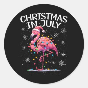 Sticker Rond Noël En Juillet Flamant rose Père Noël Summer Xmas