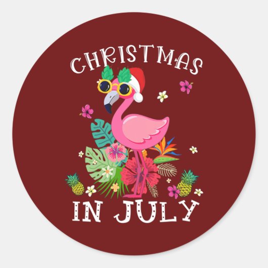 Sticker Rond Noël En Juillet Flamant rose Rose Hawaii Funny (Devant)