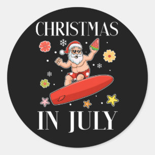 Sticker Rond Noël en juillet Funny Santa Surfant Été Surfeur