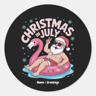 Sticker Rond Noël en juillet Père Noël Flamant rose Drôle Noël