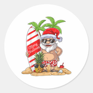 Sticker Rond Noël En Juillet Père Noël Hawaiian Surfing Cadeaux