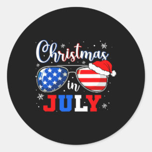 Sticker Rond Noël En Juillet Santa Hat Sungles Usa Drapeau 4th