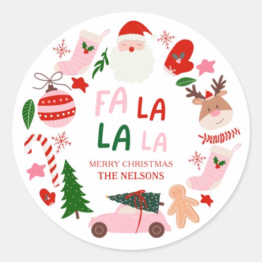 Sticker Rond Noël Fa La La Rouge et Vert (Devant)