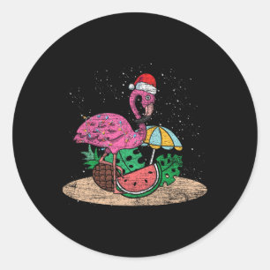Sticker Rond Noël Flamant Rose Hawaï Été Tropical Noël