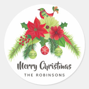 Sticker Rond Noël floral aquarelle d'art populaire