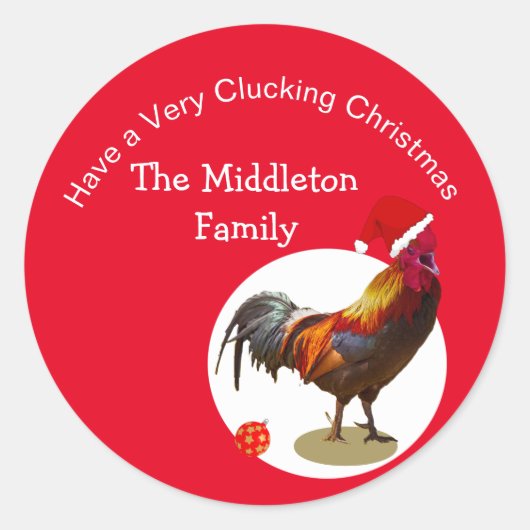 Sticker Rond Noël Fun Chicken Rooster Salutation Jaune (Devant)