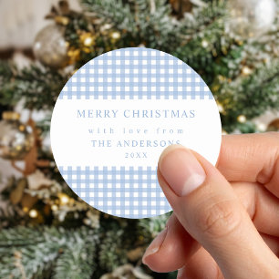 Sticker Rond Noël Gingham Bleu Poussiéreux