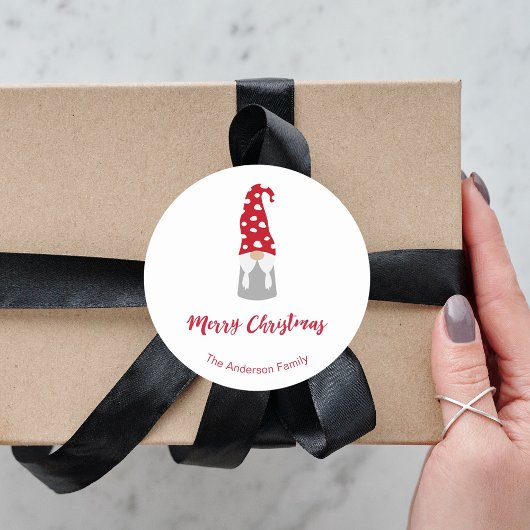 Sticker Rond Noël gnome rouge blanc nom de famille mignon