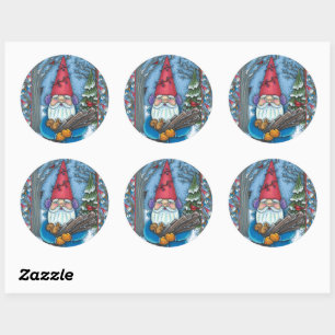 STICKER ROND NOËL GNOME, SQUIRREL, WOODPECKER & CARDINAL
