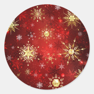 Sticker Rond Noël Golden Snowflakes sur Arrière - plan rouge