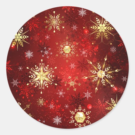 Sticker Rond Noël Golden Snowflakes sur Arrière - plan rouge (Devant)