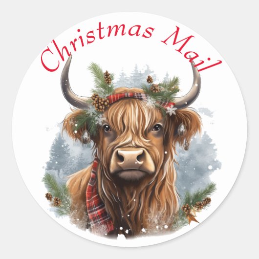 Sticker Rond Noël Highlander Cow Cute (Devant)