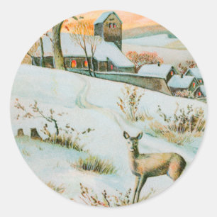 Sticker Rond Noël Hiver Paysage de neige et Vacances de cerfs