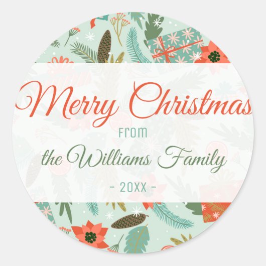 Sticker Rond Noël Hiver Thème Sage Vert Rouge Poinsettia (Devant)