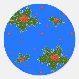 Sticker Rond Noël Holly Red Berry Motif sur Festive Blue
