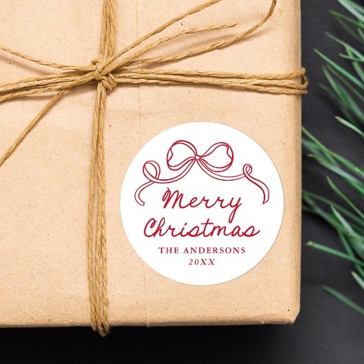 Sticker Rond Noël joyeux nœud rouge fantaisiste dessiné à la ma