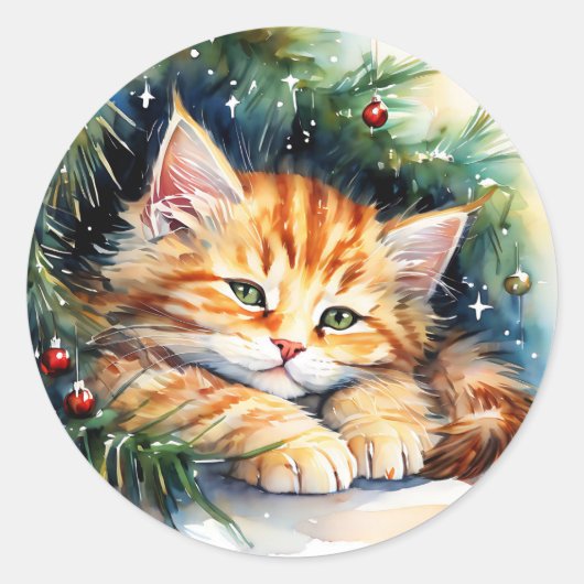 Sticker Rond Noël Kitten Napping sous l'arbre (Devant)