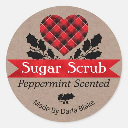 Sticker Rond Noël Kraft Peppermenthe Plaid Sugar Scrub Étiquett (Devant)
