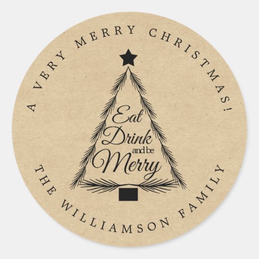 Sticker Rond Noël Manger Boire Joyeux Nom Enveloppe Kraft Sceau (Devant)