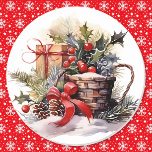 Sticker Rond Noël Naturel Baies Selles Pinecones Bow Rouge