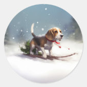 Sticker Rond Noël neige hiver Beagle (Devant)