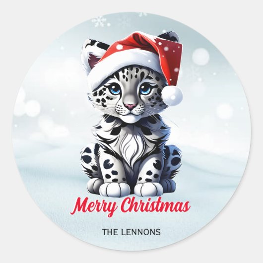 Sticker Rond Noël Neige Père Noël mignonne Neige Leopard Cub (Devant)