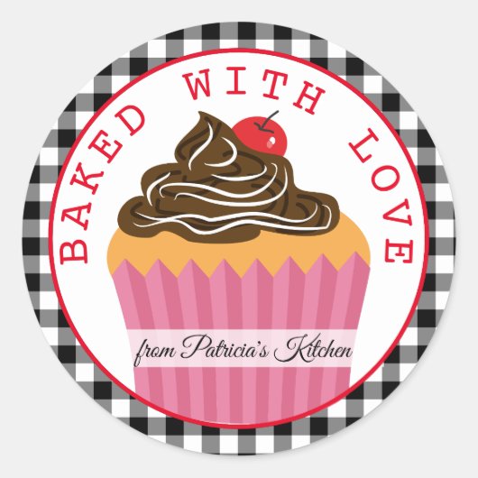 Sticker Rond Noël Noir Et Blanc Plaid Cuit Avec Amour (Devant)