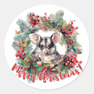 Sticker Rond Noël Opossum Berries Holly Feuilles