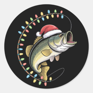 Sticker Rond Noël Papa Basse Poisson Drôle Pêcheur Pêcheur