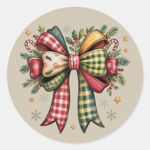 Sticker Rond Noël Patchwork Bow Cozy Rustique Fêtes