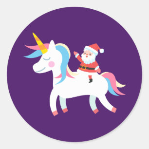 Sticker Rond Noël Père Noël Riding Unicorn Xmas Girls