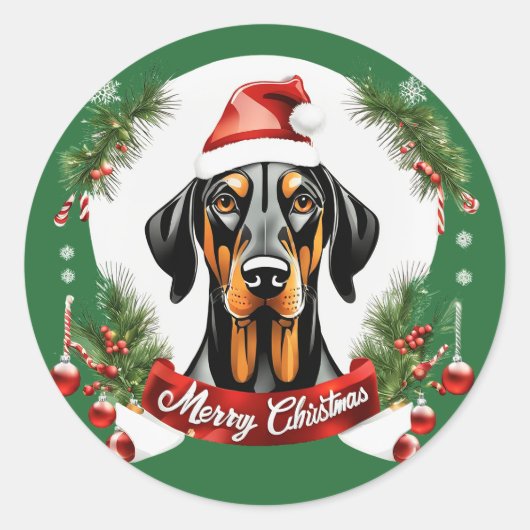 Sticker Rond Noël personnalisé Doberman Dog Joyeux Noël (Devant)