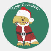 Sticker Rond Noël personnalisé Goldendoodle Père Noël (Devant)