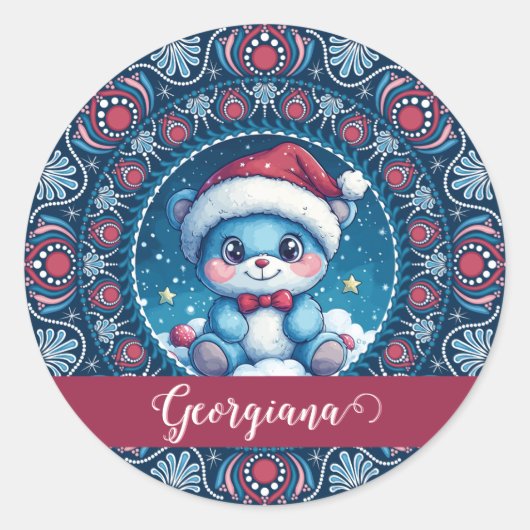 Sticker Rond Noël personnalisé Kawaii Ours Dot Mandala (Devant)