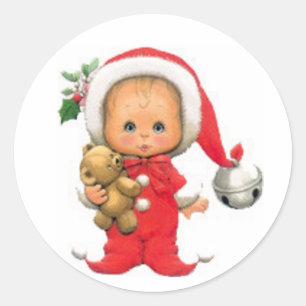 Sticker Rond Noël Petit Elfe Et Teddy