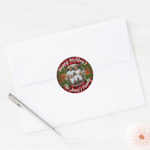 Sticker Rond Noël photo personnalisée rouge plaid pinecones