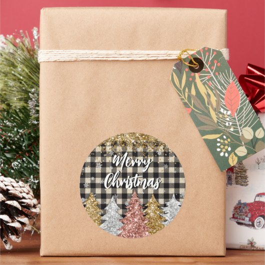 Sticker Rond Noël Plaid Et Parties scintillant Joyeux Noël (vacances)
