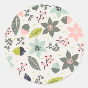 Sticker Rond Noël Poinsettia Acorns Gris Aqua Lime Vert