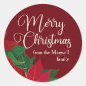 Sticker Rond Noël Poinsettia Elegant Rouge Custom Cadeau (Devant)