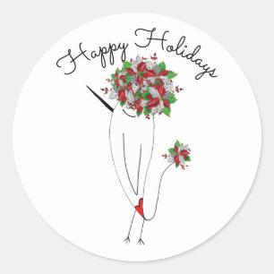 Sticker Rond Noël Poinsettia Joyeuses Vacances Oiseau