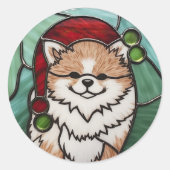 Sticker Rond Noël Poméranien en verre teint (Devant)