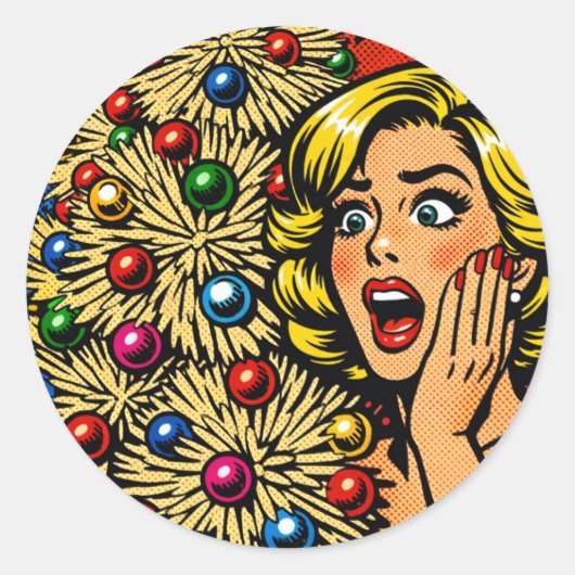 Sticker Rond Noël Pop Art, expression choquée, arbre funky (Devant)