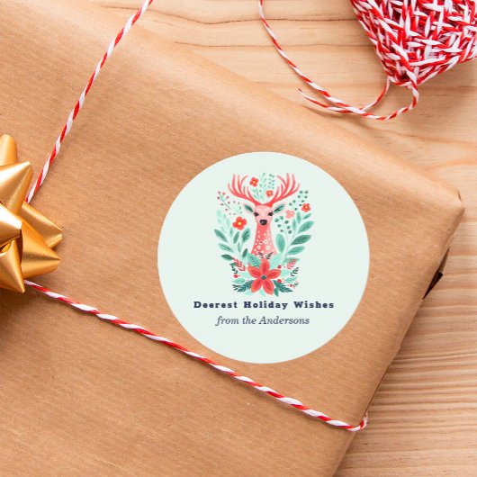 Sticker Rond Noël Reinder Floral Mint Holiday