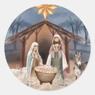 Sticker Rond Noël religieux Jésus Marie Joseph Aquarelle