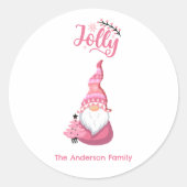 Sticker Rond Noël Rose Gnome Avec Chapeau de Vigneron Jovial (Devant)