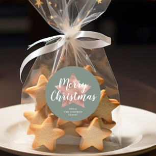 Sticker Rond Noël Rose Gold Star Vert Sauge Élégant