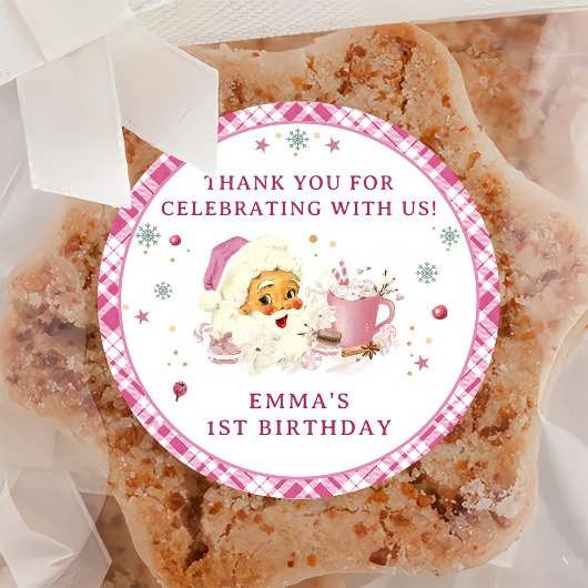Sticker Rond Noël rose Père Noël Cookie fête d'anniversaire