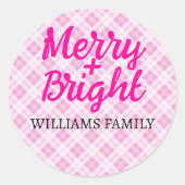 Sticker Rond Noël rose tartan Joyeux Bright Nom de famille (Devant)